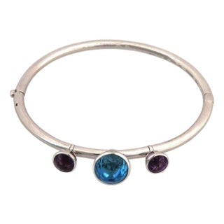 Mid 20th Century Gerrard 18k White Gold Bracelet Blue Topaz Amethyst 3-Stone Dangle Charms For Sale