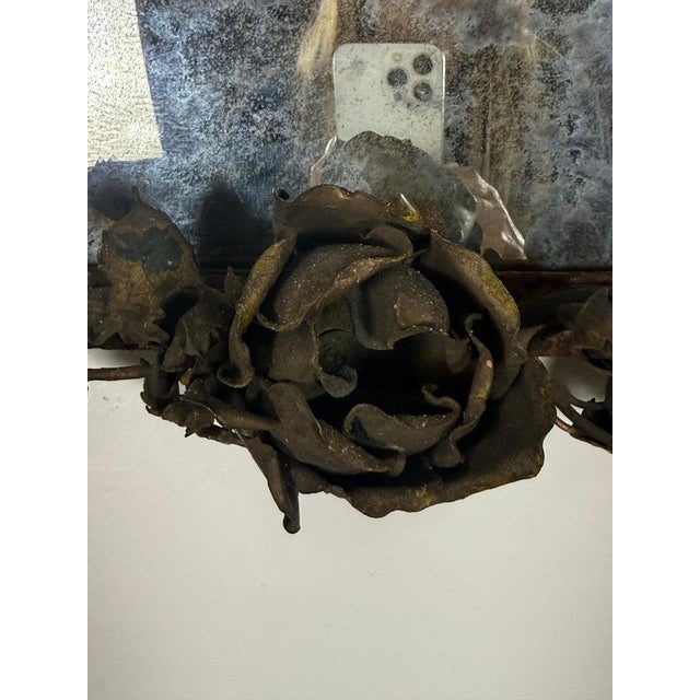 Metal Antique Mid-Century Wrought Iron Mirror With Floral Motif For Sale - Image 7 of 16