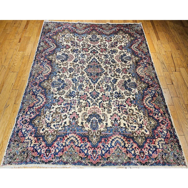 Vintage Persian Kerman Rug, Hand-Knotted Wool, Allover Floral Pattern, Ivory & Blue, 9x12 For Sale - Image 9 of 17