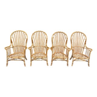 Vintage Rattan High Back Windsor Armchairs, a Set of 4 in the Style of Franco Albini For Sale