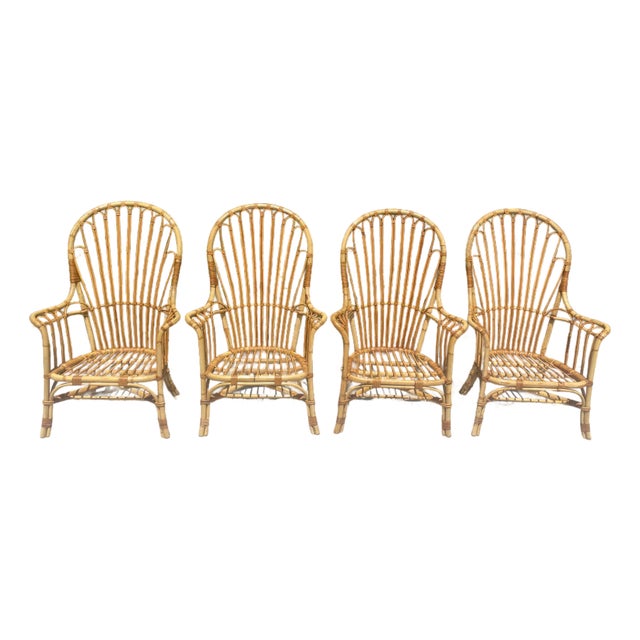 Vintage Rattan High Back Windsor Armchairs, a Set of 4 in the Style of Franco Albini For Sale