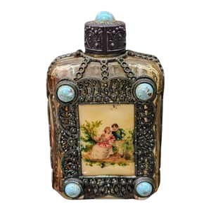Antique French Filigree Perfume Bottle With Turquoise Glass Cabochons – Handcrafted Victorian Revival