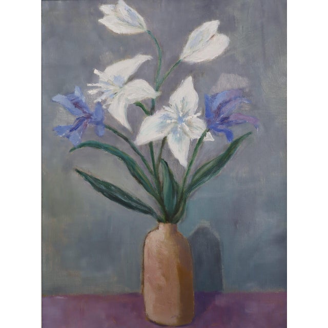 Mid-Century Modern 'Lilies in a Vase' Vintage Original Still Life Oil Painting, Framed For Sale - Image 10 of 13