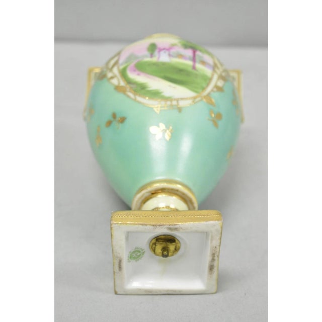 Antique Nippon Hand Painted Porcelain Windmill Scene Green Small Bolted Vase For Sale - Image 11 of 13