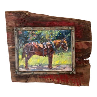 "Half Hitched" ~ Lorie Batson, Original Oil Painting. Portrait of an Amish Horse Stands in a Colorful Summer Background For Sale