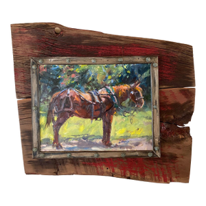 "Half Hitched" ~ Lorie Batson, Original Oil Painting. Portrait of an Amish Horse Stands in a Colorful Summer Background