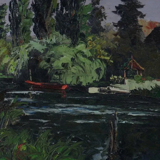 Oil on Canvas Riverscape Painting with Boat and Home, 20th Century For Sale - Image 4 of 12