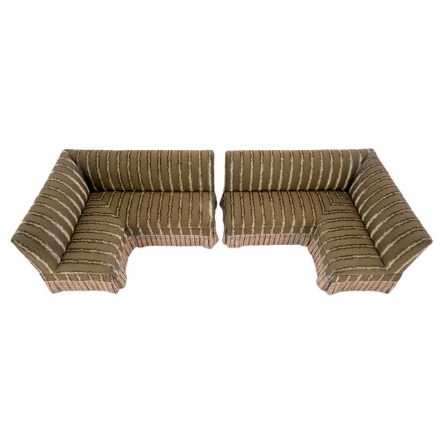 Two Way Two Part "C" Shape Striped Upholstery Custom Sofa Couch w/ Tassels MINT! For Sale - Image 10 of 16