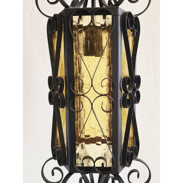 Black 1970s The Feldman Co. Spanish Revival Style Wrought Iron & Stain Glass Lantern For Sale - Image 8 of 12