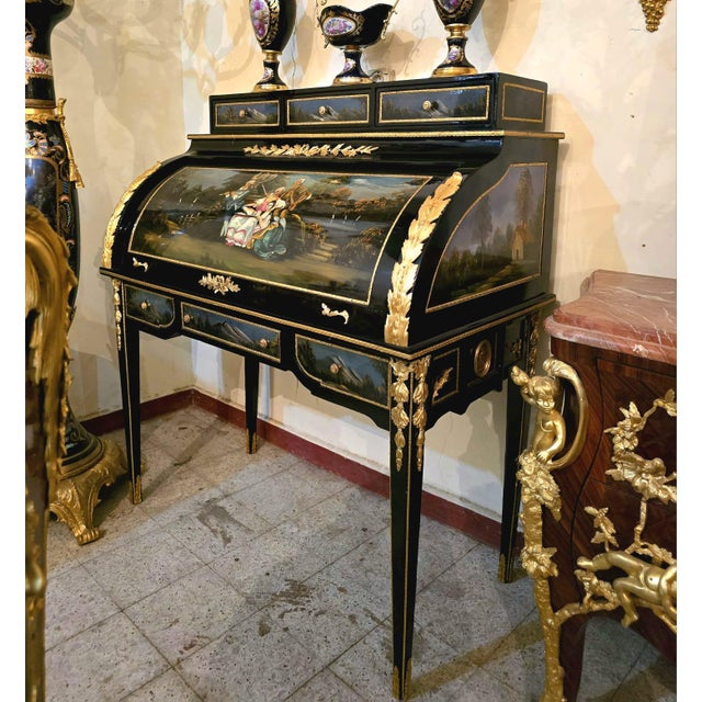 French Louis XV Roll Top Secretary Desk – Hand Painted Black Bureau With Gold Leaf Details For Sale - Image 3 of 5
