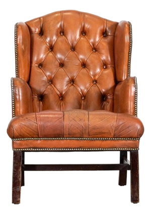 English Tan Leather Wingback Armchair, 1940