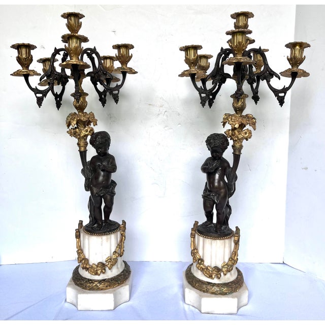 19th Century French Louis XVI Style Figural Bronze and Marble Candelabra - A Pair For Sale - Image 4 of 18
