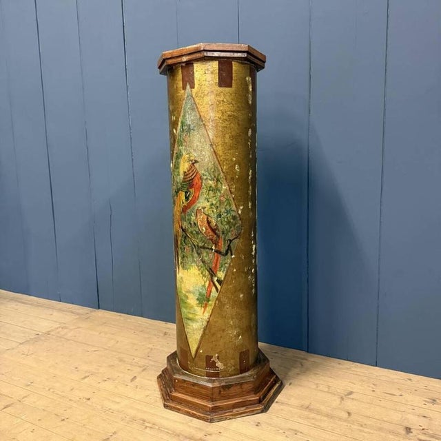 2000 - 2009 Large Antique Painted Earthenware Column with Golden Pheasants For Sale - Image 5 of 18