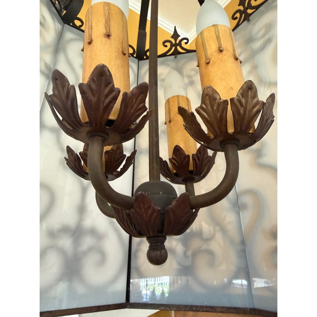 1920s Spanish Revival Wrought Iron Lantern Chandelier For Sale - Image 9 of 12