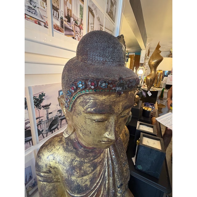Gold Antique Carved Wood Bejeweled Burmese Mandalay Standing Buddha Sculpture For Sale - Image 8 of 11