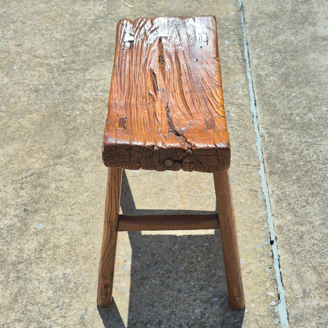 Rustic Vintage Rustic Asian Hand-Hewn Elm Wood Saddle Seat Low Stool For Sale - Image 3 of 10