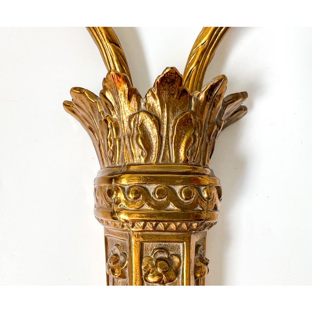 Pair of Vintage Neoclassical Double-Arm Wall Candle Sconces – Gold Gilt or Brass-Plated For Sale - Image 11 of 12