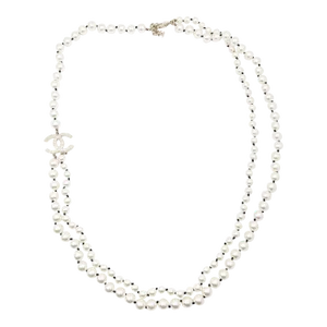 Chanel Gold Scratchy CC 2 Strand Pearl Black Knot Necklace