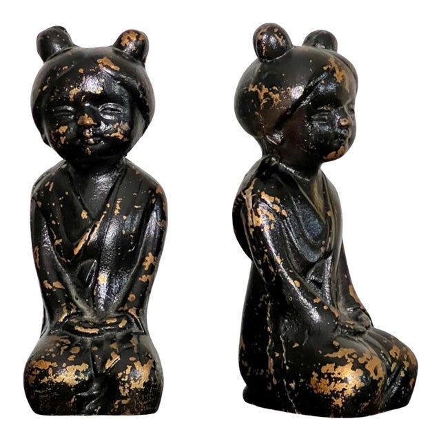 Pair of Japanese Zen Figural Patinated Iron Bookends in Black and Gold, 1950 For Sale