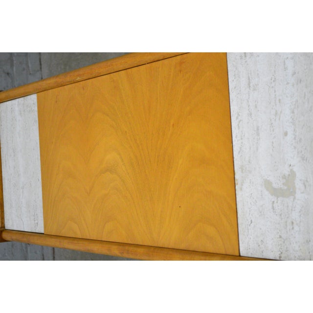 1960s Mid Century Modern Wood Italian Travertine Top Inserts Brass Trim Low Credenza Console Cabinet For Sale In Cincinnati - Image 6 of 14