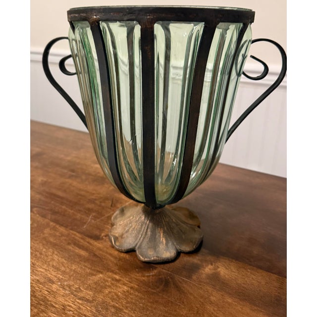 1990s Caged Wrought Iron Bubble Green Glass Vase For Sale - Image 5 of 12