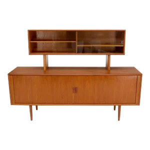 Danish Teak Tambour Doors Long Credenza Dresser Server with Glass Doors Hutch