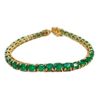 13.20 Carat Natural Zambian Emerald Tennis Bracelet in 18k Yellow Gold 7.5 Inch For Sale
