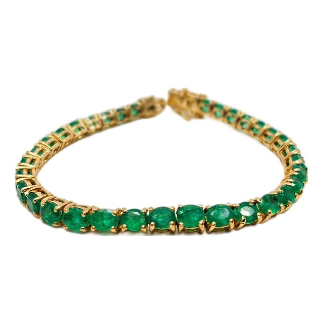 13.20 Carat Natural Zambian Emerald Tennis Bracelet in 18k Yellow Gold 7.5 Inch For Sale