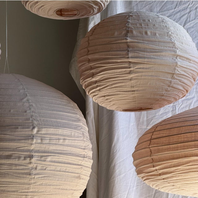 Large Round Pink Japanese-Style Rattan and Natural Linen Pendant Light For Sale - Image 17 of 18