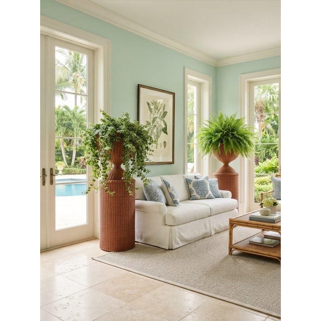 Pair of Vintage Woven Wicker Urn Planters on Cylindrical Pedestals For Sale - Image 11 of 12