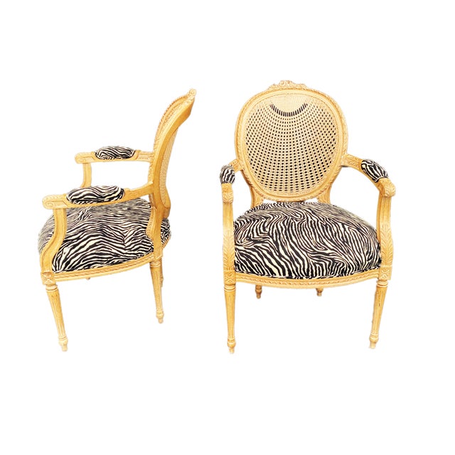 French Style Cane Chairs W/Animal Print Pair Chairish