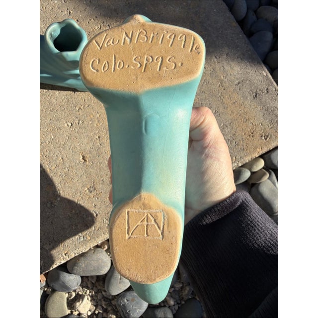 Wax Antique Van Briggle Candlestick Holders Pair Matte Turquoise Colo Springs For Sale - Image 7 of 12