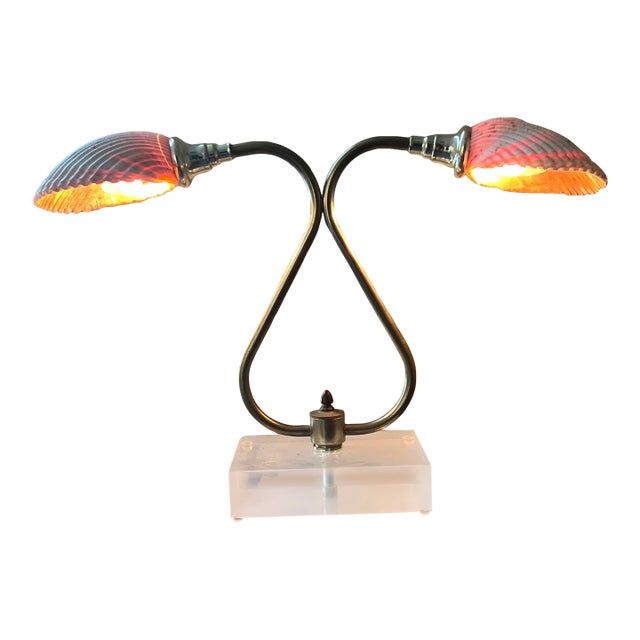 Vintage Hollywood Regency Double Gooseneck Seashell Lamp With Lucite Base For Sale