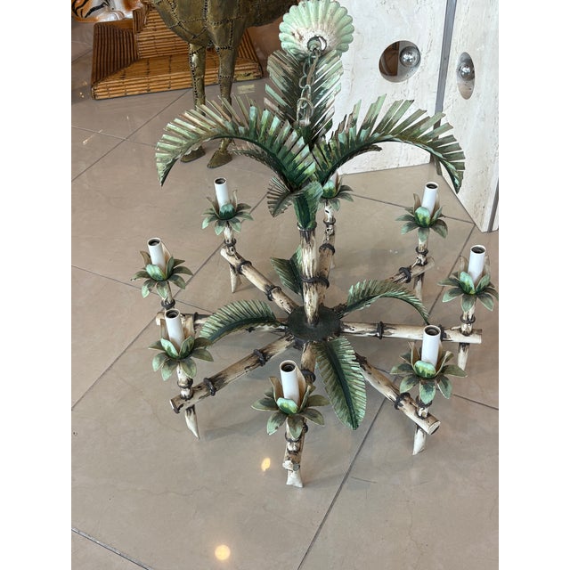 Vintage Tole Metal Palm Beach Tree Leaf Leaves 8 Light Chandelier For Sale - Image 15 of 17