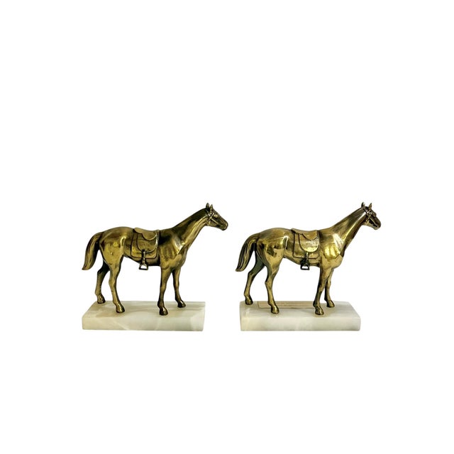 Metal Vintage Brass Equestrian Horse Bookends on White Marble Bases – Pair of Western Style Horse Sculptures For Sale - Image 7 of 14
