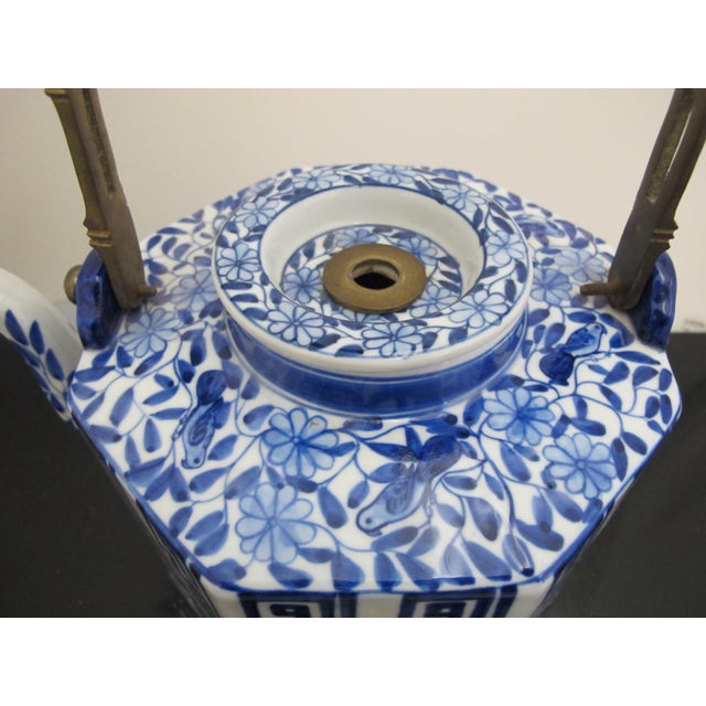 Chinese Blue & White Porcelain Bird & Flower Octagonal Teapot With Brass Handle For Sale - Image 9 of 9