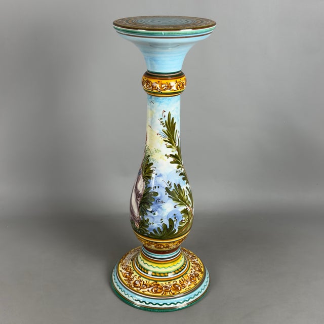Rare and prestigious large majolica pedestal column with a balustrade, entirely modeled and painted by hand, a fine...