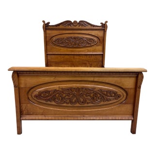 Antique Full Size Victorian Eastlake Carved Floral Acanthus Scrollwork Bed For Sale