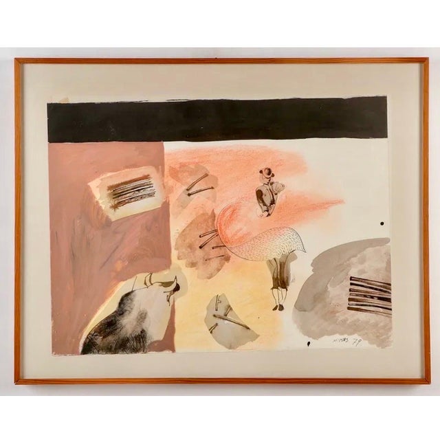 Moises Zabludovsky, Mexican Abstract Watercolor, Ink, Pastel Bullfight Painting Moises Zabludovsky, 1979 For Sale