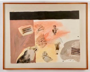 Moises Zabludovsky, Mexican Abstract Watercolor, Ink, Pastel Bullfight Painting Moises Zabludovsky, 1979