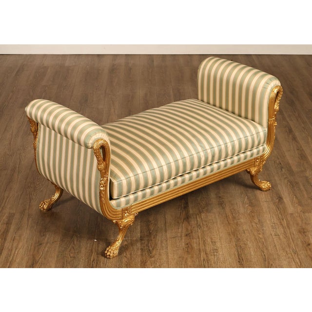 High Quality Empire Style Upholstered Bench Featuring Carved Giltwood Frame With Scrolled Arms With Swan Detail And...