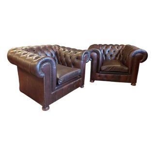 Vintage Chesterfield Armchairs in Brown Leather, Set of 2 For Sale