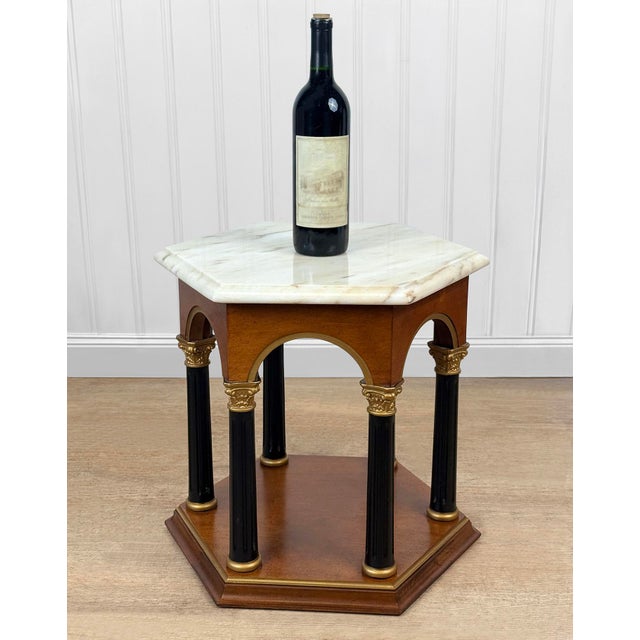 A Neoclassical Style Hexagonal Side Table c. Mid 20th Century Made in Portugal Cream Shade Marble top with Beveled Edge...