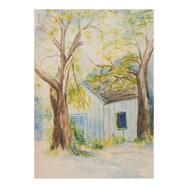 Antique Plein Air Watercolor Farmhouse Cabin Landscape Painting For Sale