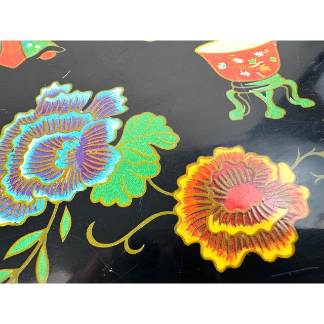 Vintage English Baret Ware “Mandarin Garden” Tole Serving Tray, Black Lacquer For Sale - Image 4 of 9