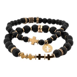 Matte Black Onyx Stone Gold Cross Charm Wise Belief Bracelet Set For Sale