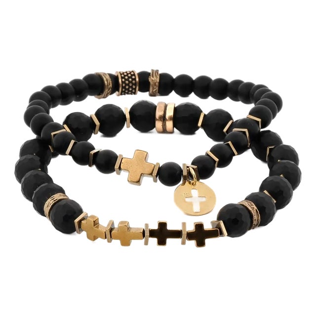 Matte Black Onyx Stone Gold Cross Charm Wise Belief Bracelet Set For Sale