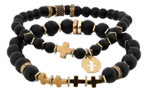 Matte Black Onyx Stone Gold Cross Charm Wise Belief Bracelet Set