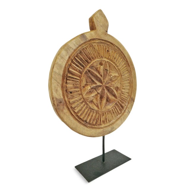 Vintage carved wood medallion from north India on iron display stand. Each unique and sold individually.