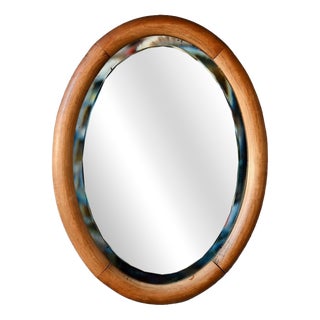 Vintage Oval Dressing Table Mirror in Beveled Oak and Chrome Finish, 1960s For Sale